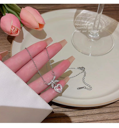 Colar coreano com pingente de laço de coração de cristal rosa, corrente prateada, para mulheres, joias estéticas para casamento
