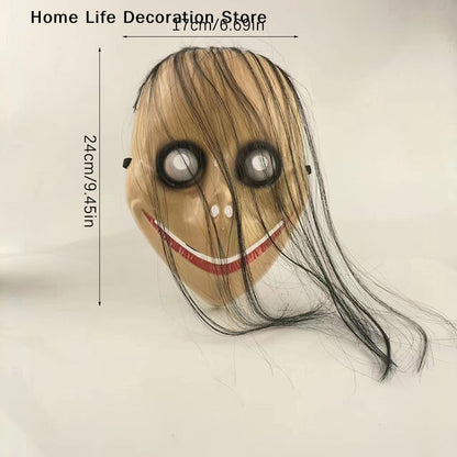 Halloween MO MO Mask With Long Hair Big Eyes Funny Mask Horror Ghost Party Costume Props V-shaped Mouth Mask Halloween Cosplay