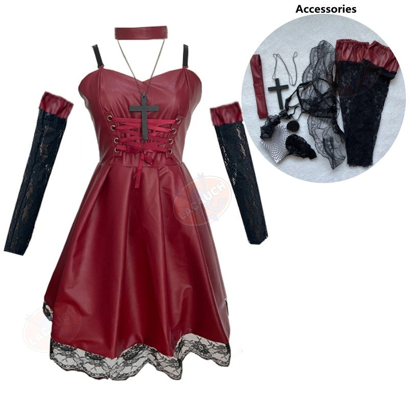 Death Note Cosplay Costume Misa Amane Imitation Leather Sexy Dress +Neck jewelry+stockings+necklace Uniform Outfit Halloween Wig