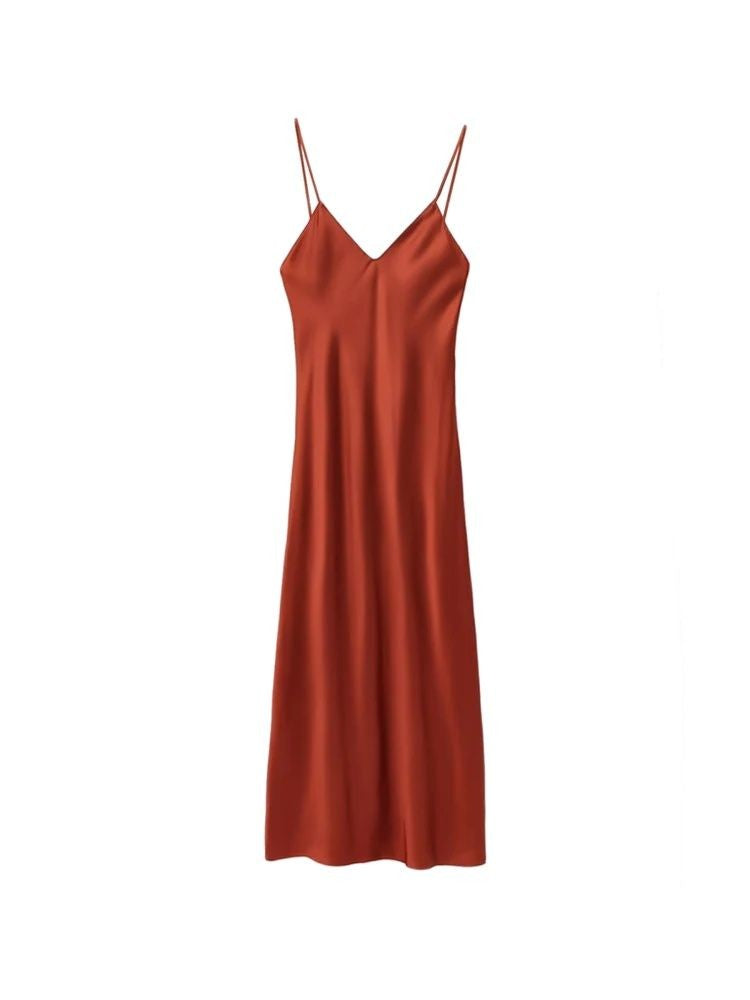 TRZA-Women's Satin Midi Dress, V Neck, Thin Straps, Backless, Female Dresses, Se