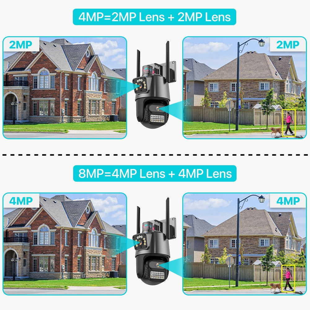 Outdoor Wifi PTZ Camera 4K 8MP HD Dual-Lens Dual Screen Camera AI Auto Tracking 4MP Video Surveillance Police Light Alarm iCSee