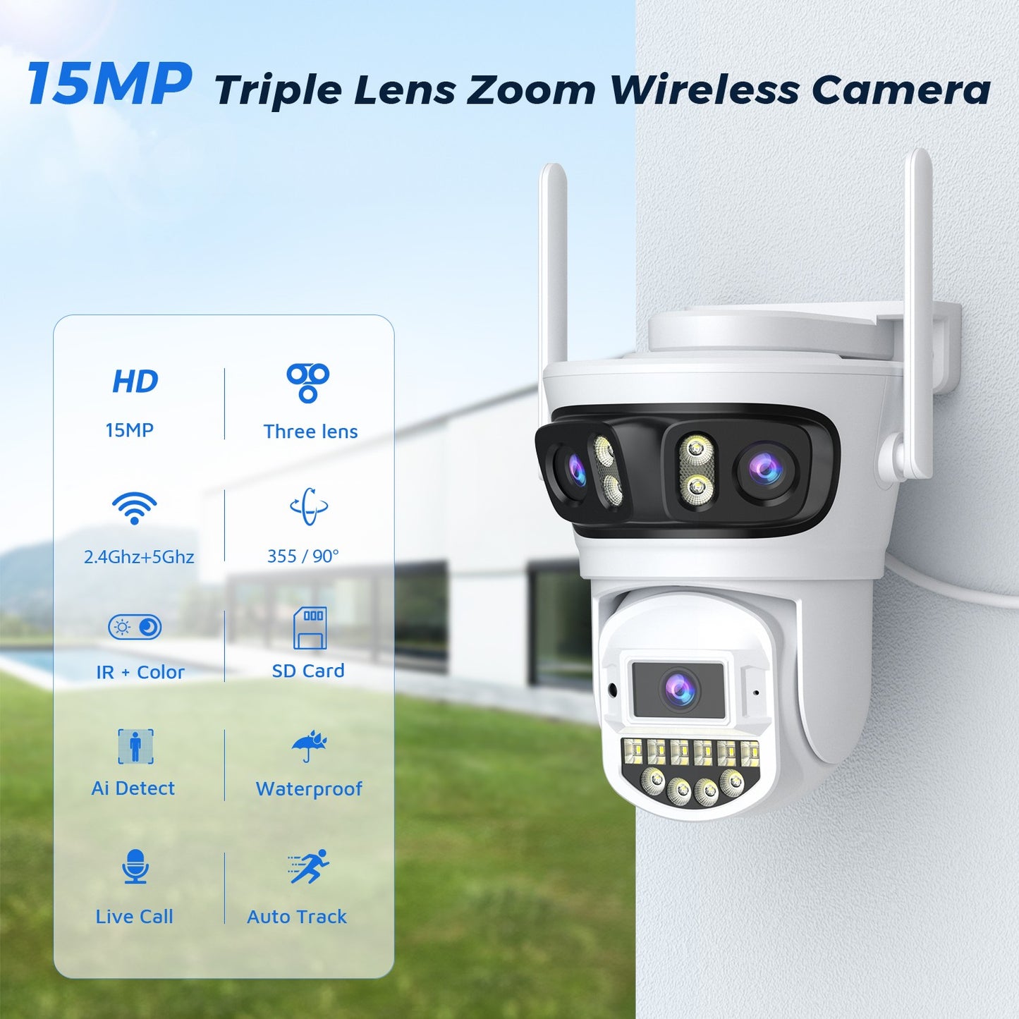 15MP 8K HD Wifi Surveillance Camera Outdoor Three Lens Three Screens Security IP Camera Human Detection 5G Wifi Camera O-KAM PRO