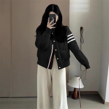 Little Women's Wear Knitted Stitching Coat Down Cotton-padded Short Female 2025 Winter Casual Jacket Loose Collar Thick Overwear