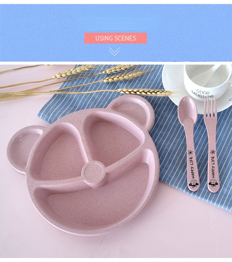 3-Piece Cute Divided Dining Plate for Children's Bowls Solid Color Fork Spoon Sucking Tableware Set with Wheat Material