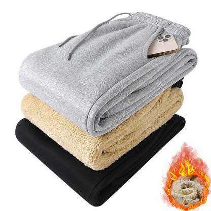 Calças masculinas para outono e inverno, forradas com lã para uso externo, calças casuais, calças de moletom esportivas quentes de lã de carneiro