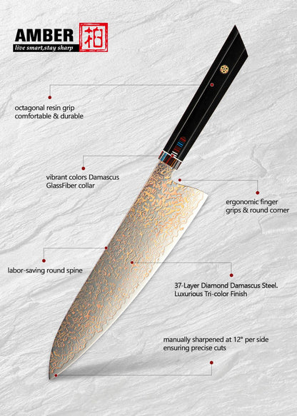 Amber VG10 Damascus Steel Kitchen Knife Set with Resin Handle, Damascus Chef Knife Set, Latest Styles, 37Layers, VG10
