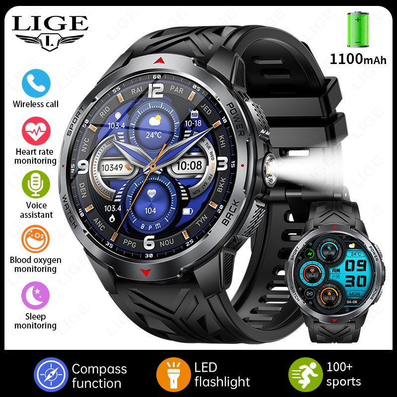 LIGE Novo Smartwatch Masculino com Bateria de 1100mAh para Esportes ao Ar Livre, Lanterna LED, Bússola, Chamada Bluetooth