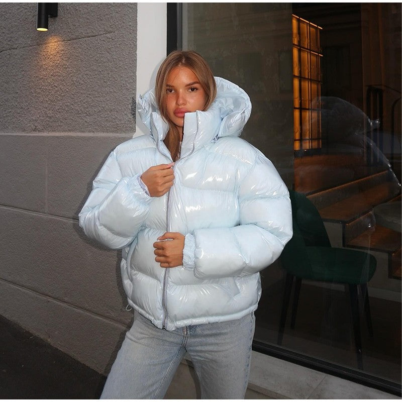 Fashion Glossy Padded Jacket Women's Solid Turtleneck Long Sleeve Warm Down Coat 2025 Autumn Winter New Lady Casual Outerwear