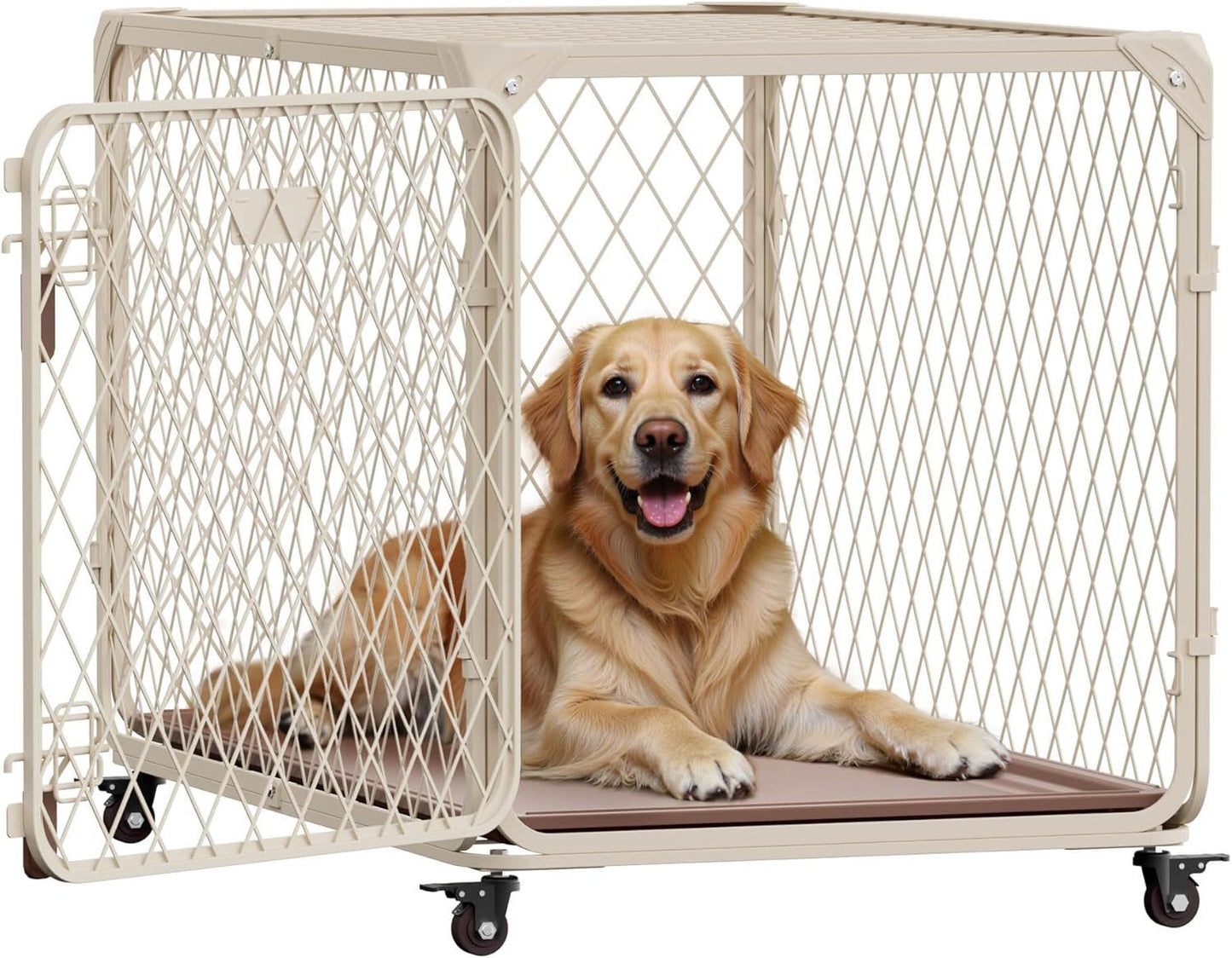 Caixa de Transporte para Cães 36" com Rodas, Bandeja Antivazamento, Canil de Metal com Malha Diamante para Cães de até 45 kg