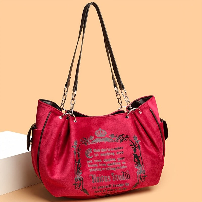 Letter Print Faux Suede Women Handbag Shoulder Bag, Retro Large Capacity Tote Bag for Daily Commuting and Hand-Carry.Pumpkin Bag