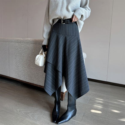 Women Clothing Autumn Winter Fashion Korean Striped A-line Skirt High Waist Female Versatile Appear Thin Irregular Soft Skirt