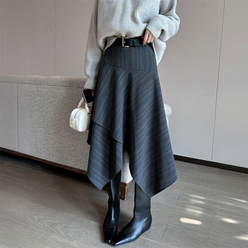 Women Clothing Autumn Winter Fashion Korean Striped A-line Skirt High Waist Female Versatile Appear Thin Irregular Soft Skirt