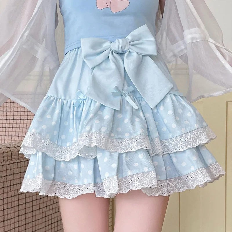 Zoki Kawaii Bow Cake Skirt Women High Waist Cute Dot Sweet Mini Skirts Fashion Casual Japan Female Solid Summer A Line Skirt New