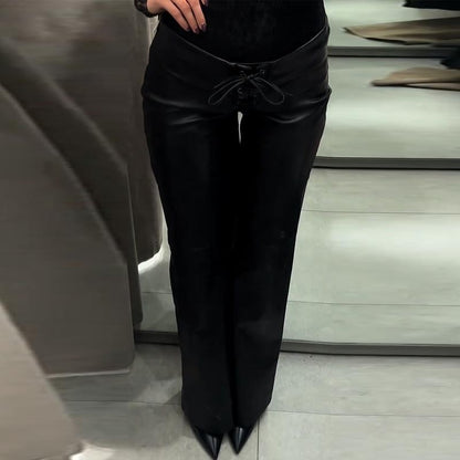 Elegant Women's Bandage PU Leather Trousers Black Low Waist Slim Straight Flare Pants 2025 Autumn Winter Lady Chic Y2k Pant New
