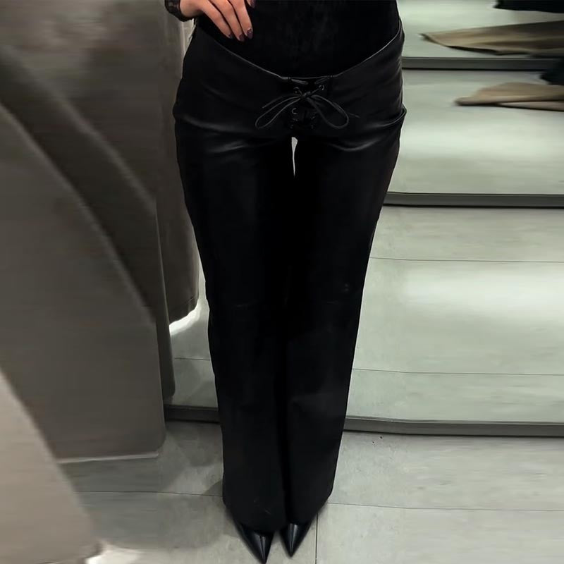 Elegant Women's Bandage PU Leather Trousers Black Low Waist Slim Straight Flare Pants 2025 Autumn Winter Lady Chic Y2k Pant New