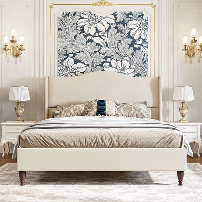 Queen Size Bed Frame Upholstered Platform Bed with 51" Tall Headboard Wingback, Soft Fabric, Retro Simple Style Platform
