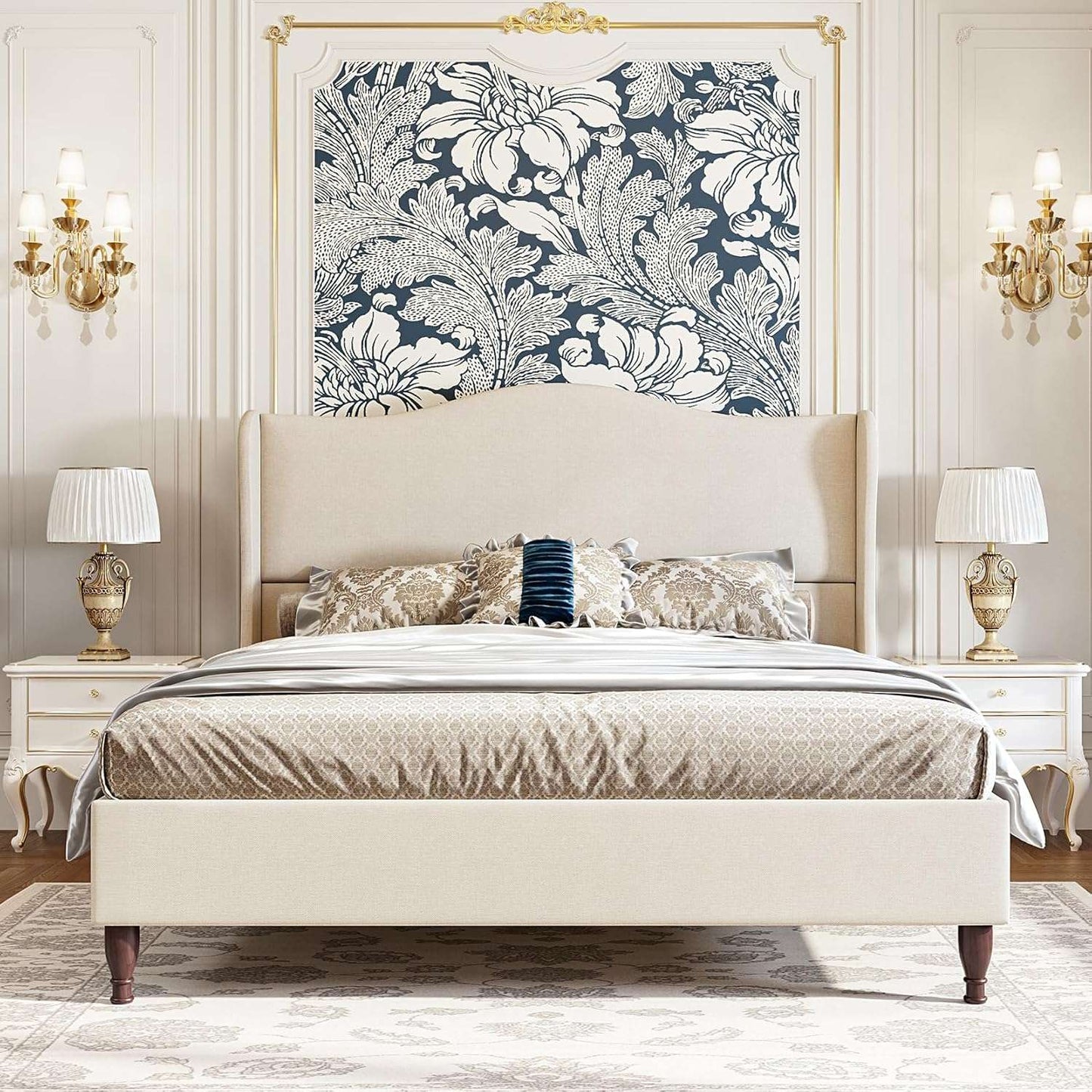 Queen Size Bed Frame Upholstered Platform Bed with 51" Tall Headboard Wingback, Soft Fabric, Retro Simple Style Platform