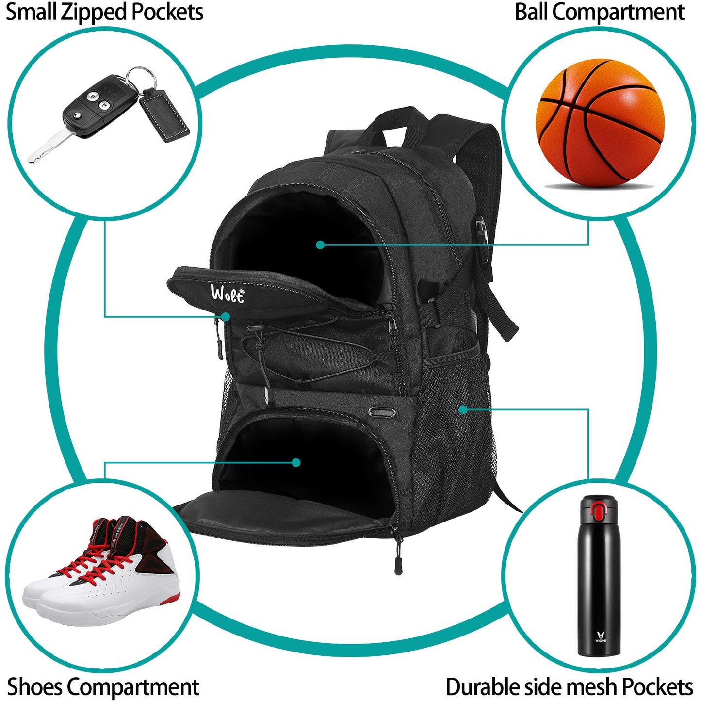 Wolt | Basketball Backpack Large Sports Bag with Separate Ball holder & Shoes compartment, Best for Basketball, Soccer, Voll