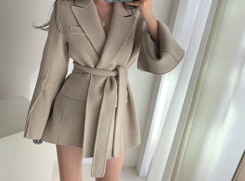 Retro Chic Autumn Winter Woolen Coat One Button Long Sve Suit Collar Waist Cinched Side Slit Warm Knitwear for Women
