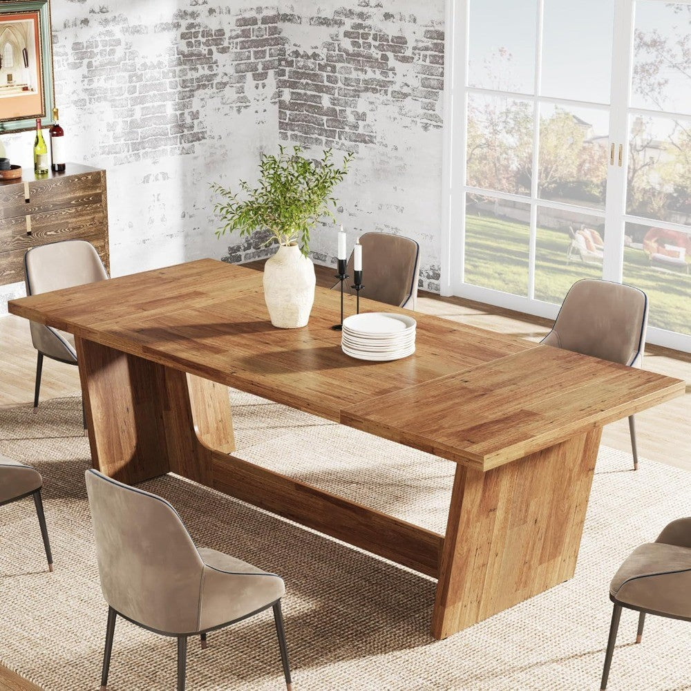 Large Rectangular Wood Dining Table for 6-8, Farmhouse Style Kitchen Table with Solid Pedestal Base