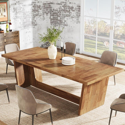Large Rectangular Wood Dining Table for 6-8, Farmhouse Style Kitchen Table with Solid Pedestal Base