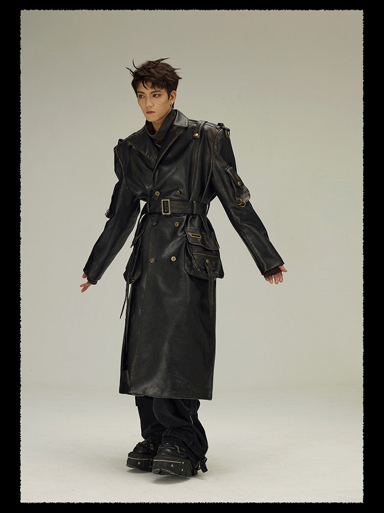 Mauroicardi Spring Autumn Long  Distressed Black Pu Leather Trench Coat Men Belt Double Breasted Luxury European Fashion 2023