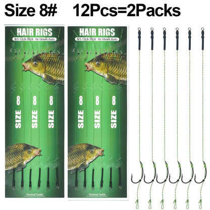 12 anzóis de pesca de carpa pré-amarrados com linha, para carpa, prontos para usar com iscas boilies, equipamento de pesca de carpa.