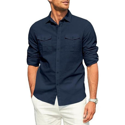 Business Men's Single-breasted Shirt Double Pocket Cotton Linen Long-sleeved Shirt Casual Vacation Shirt