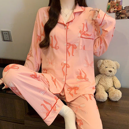 Women's Pajamas Set Bow Print Sleepwear Button Down Tops Long Pajama 2 Piece Suit Pyjama Femme Nightwear Loungewear for Winter