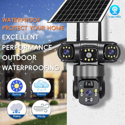 Câmera Solar WiFi Full HD 9MP 3 Telas 3 Lentes Zoom 10X Câmera com Detecção Humana PIR Vigilância Visão Noturna Proteção de Segurança