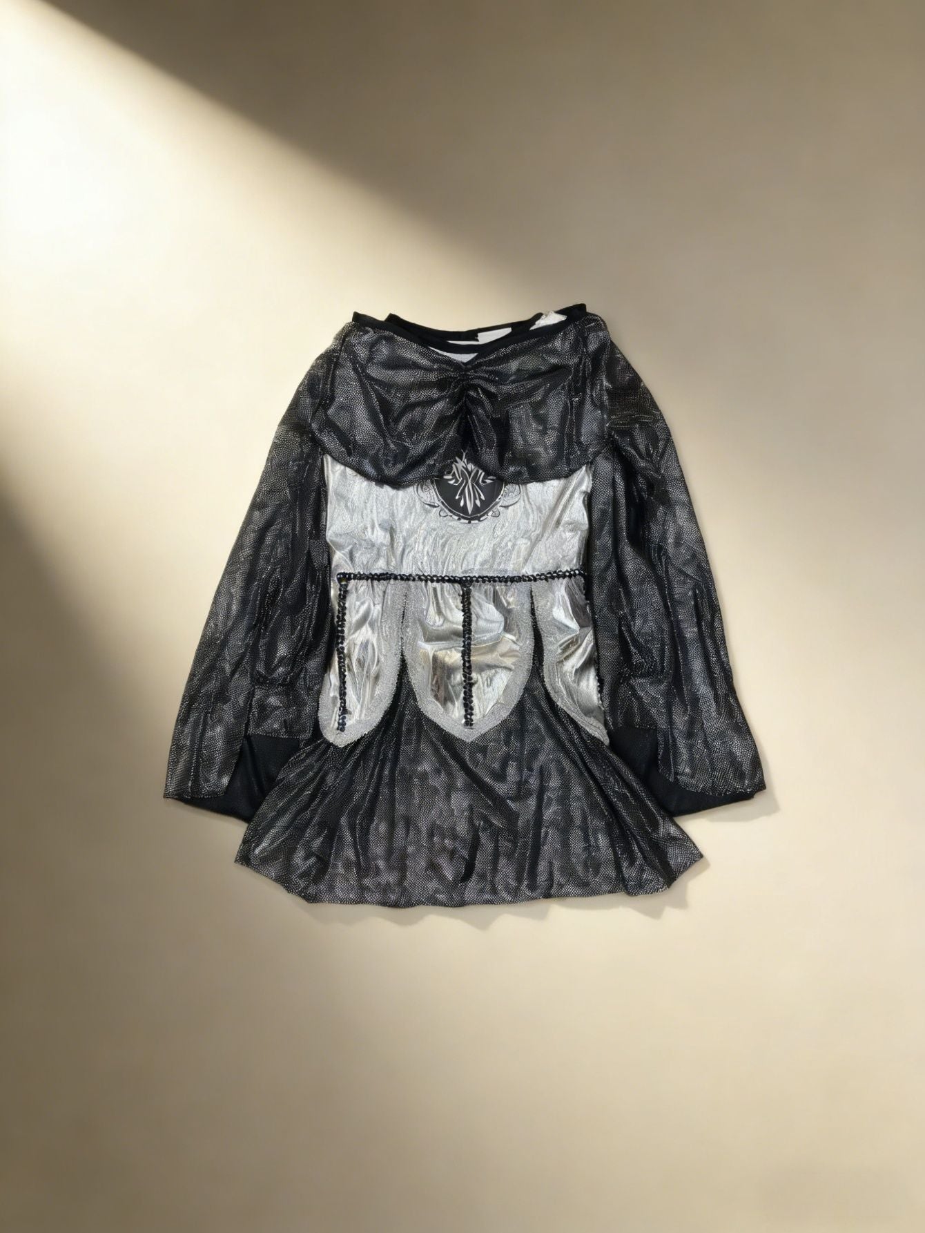 Girls Medieval Knight Dress Costume with Black Shiny Cape & Shield Emblem