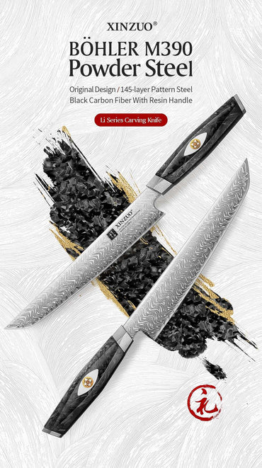XINZUO 8.46-inch Damascus Carving Knife 145-layer M390 steel 60-62HRC carbon fiber handle 6.0-8.0N sharpness rust-resistant