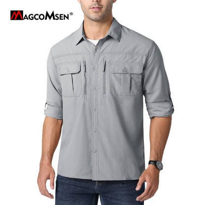 MAGCOMSEN UPF 50+ Mens Quick Dry Cargo Shirts Mesh Breathable Long Sleeve Work Shirts UV block Outdoor Hiking Fishing Shirts
