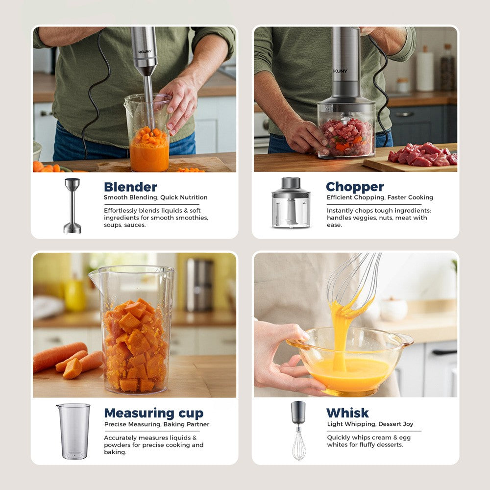 Liquidificador de Imersão Manual 4 em 1 ROUNY 1000W Potente, Mixer de Alimentos em Aço Inox, Copo Medidor de 700ml, Processador de 500ml, Batedor de Claras