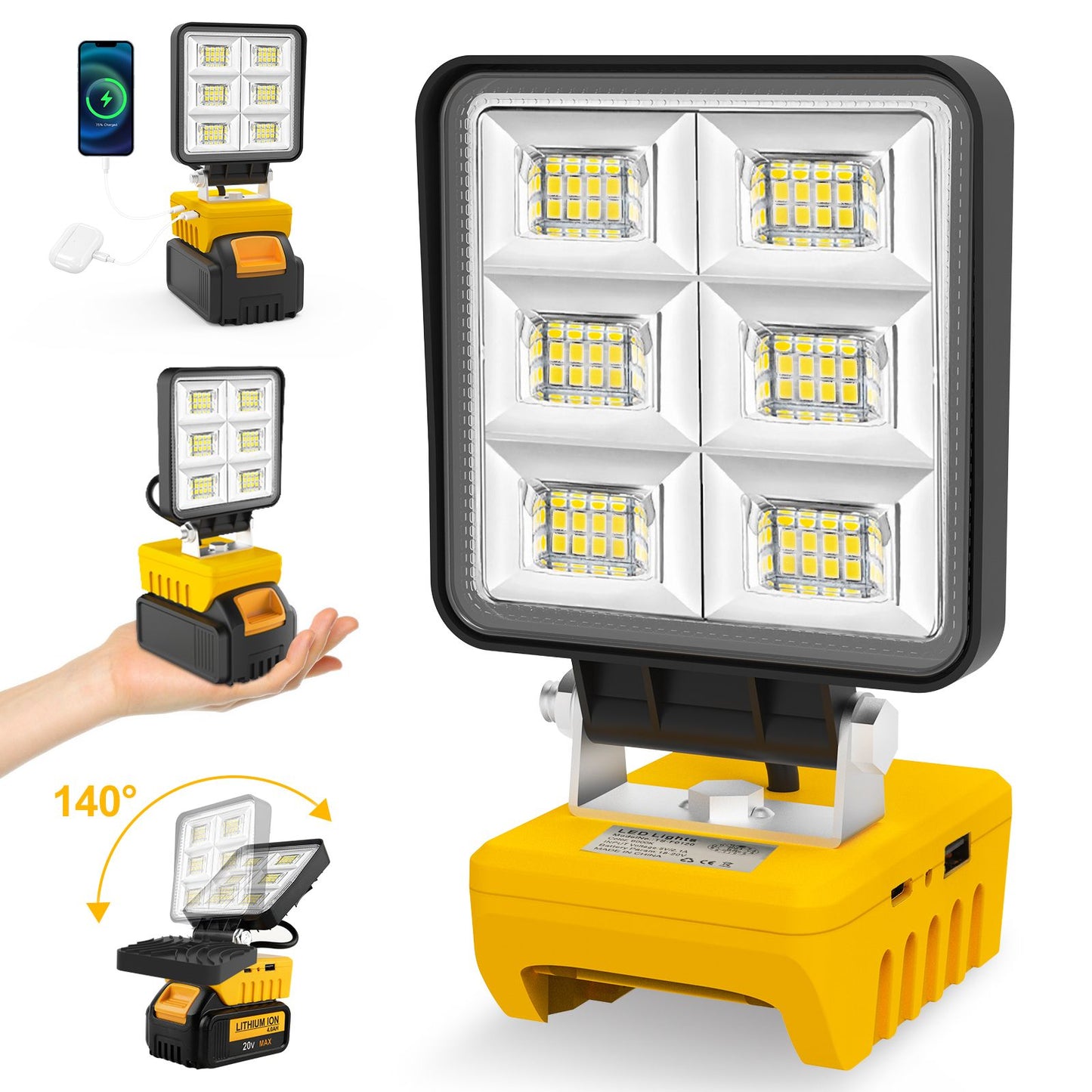 Portable 48W 5200LM LED Work Light Cordless Work Light Adjustable Base Rechargeable LED Flood Light for DeWalt No Battery