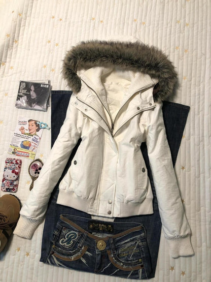 New autumn and winter retro pure white fur collar hooded jacket for women Y2k Harajuku slim personality street short jacket