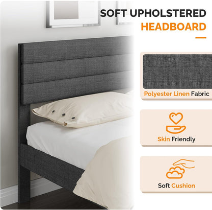 King Size Bed Frame and Headboard,Panel Soft Bed with Linen Fabric Upholstered Padding, Low Profile Bed with Durable Woo
