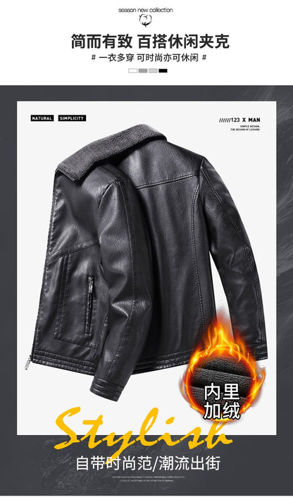 Leather Jacket Men Coats Autumn Fur Collar Luxury Fleece Black Oversized  6XL 7XL 8XL Plus Size Warm Winter Comfort High Quality