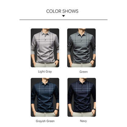 BROWON Graphic Polo Shirt Men 2025 Autumn New Business Slim Long Sleeve T Shirt Man Casual Loose Printed Striped Clothes for Men