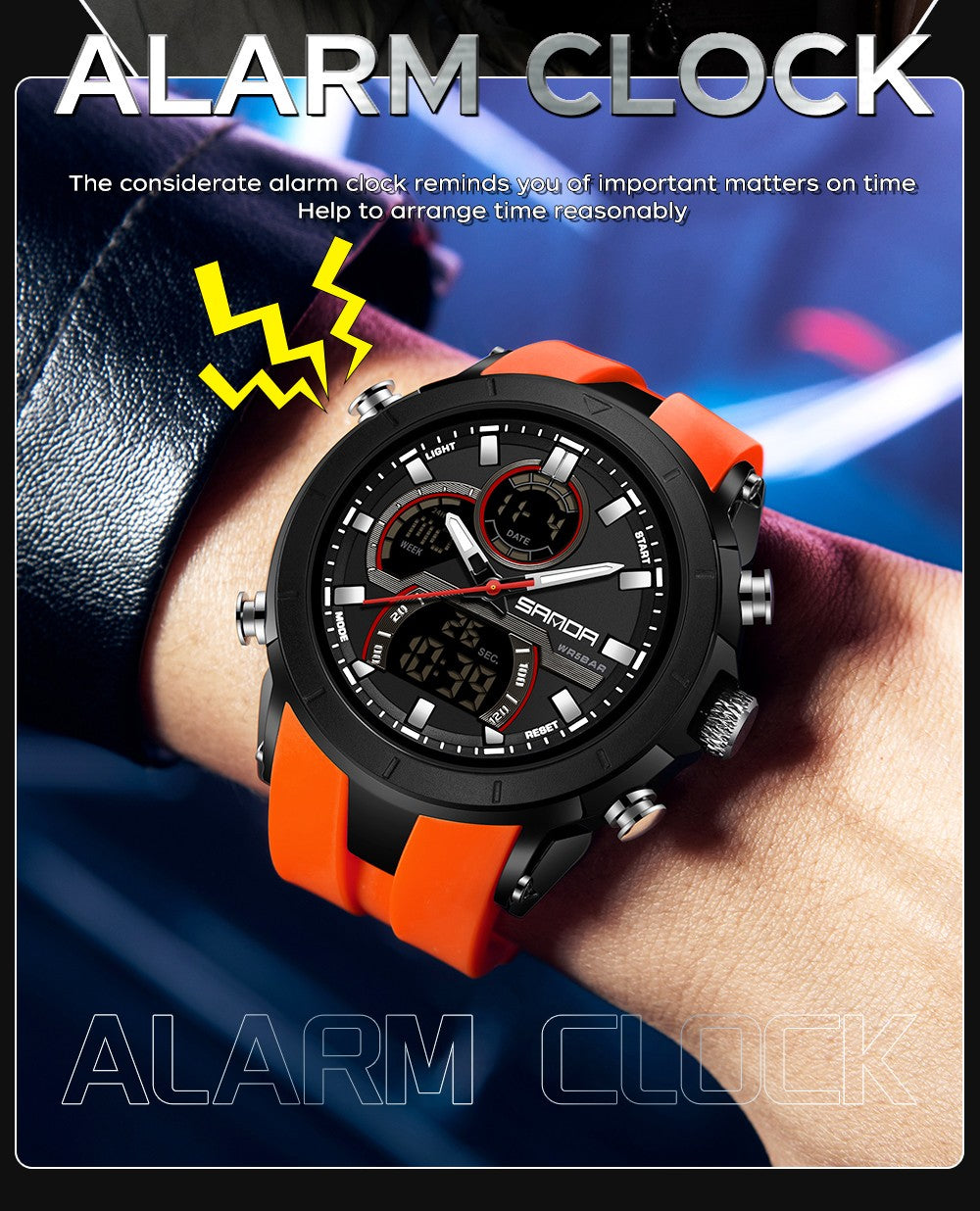 SANDA Mens Watches Countdown Waterproof Alarm Clock Wristwatch Multifunctional Luminous Men Quartz Digital Watch Alarm Clock