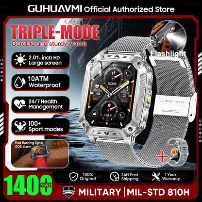 2026 Novo 1400mAh Bateria Grande Militar Ao Ar Livre 2.01 polegadas Smartwatch Masculino 10ATM À Prova D'água Chamada Bluetooth Relógio Inteligente Esportivo