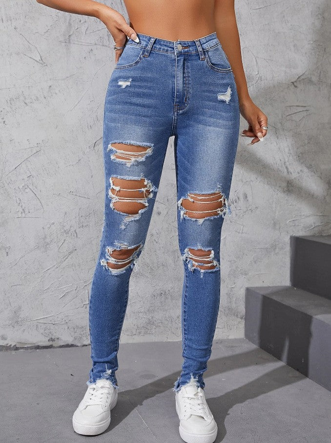 Washed Ripped Skinny Jeans Women's Spring and Fall New Fashion Street High-waisted Jeans Casual Small Leg Pants Pencil Pants
