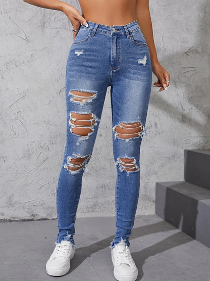 Washed Ripped Skinny Jeans Women's Spring and Fall New Fashion Street High-waisted Jeans Casual Small Leg Pants Pencil Pants