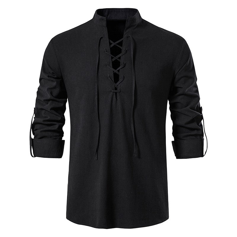 King Billion Men's Shirts Casual Men Cotton Linen Long Sleeve T-shirt Spring Autumn Vintage Shirt US Size Drawstring Neck