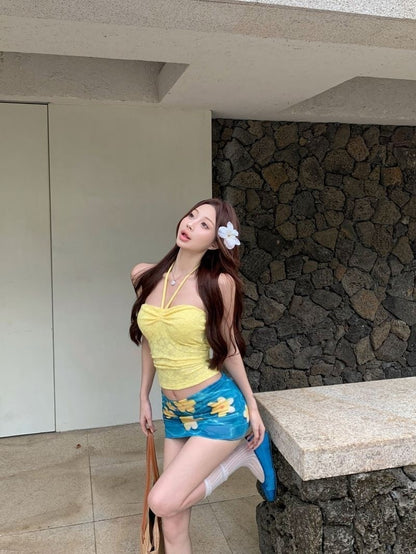 French Drawstring Blue Floral Tube Top Women Separate Swimwear Set Coastal Summer Vacation Beach Holiday Swimsuit for Girl