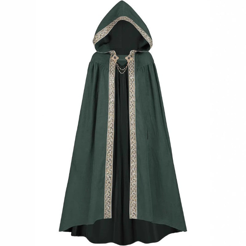 Medieval Lace Trim Hooded Cape 130cm Long Renaissance Wizard Witch Cloak Women Men Halloween Cosplay Costume