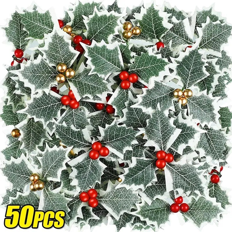 5-100Pcs Artificial Holly Berry Green Leaves Christmas Ornaments Gold Red Holly Berry Stems Xmas Tree Wreath Gifts Party Decor