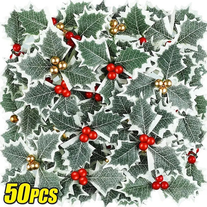 5-100Pcs Artificial Holly Berry Green Leaves Christmas Ornaments Gold Red Holly Berry Stems Xmas Tree Wreath Gifts Party Decor