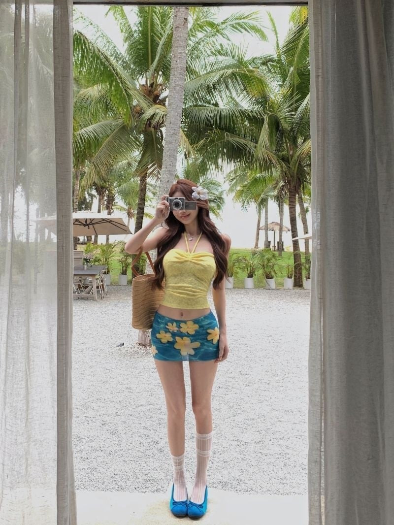 French Drawstring Blue Floral Tube Top Women Separate Swimwear Set Coastal Summer Vacation Beach Holiday Swimsuit for Girl