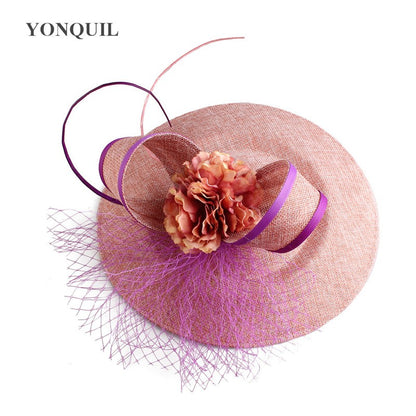 Novo Design Amarelo Com Cabelo Roxo Fascinator Chapéu Tiara Nupcial Casamento Festa Adereço de Cabelo Malha Senhoras Ocasião Acessórios de Cabelo